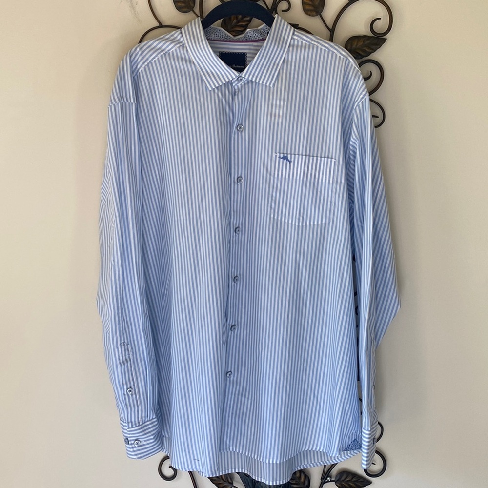 NWT Tommy Bahama Button Down Shirt  Long Sleeves  Pima Cotton  Blue Stripes   XL